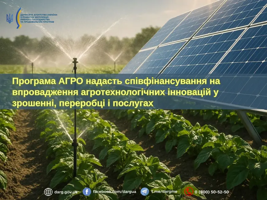 Програма АГРО надасть співфінансування на впровадження агротехнологічних інновацій у зрошенні, переробці і послугах