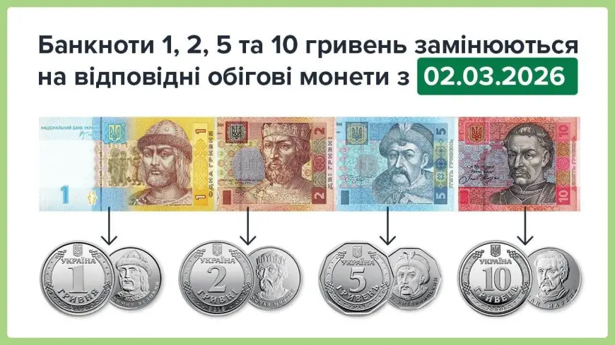 Із 2 березня паперові 1, 2, 5 та 10 грн виводять з обігу